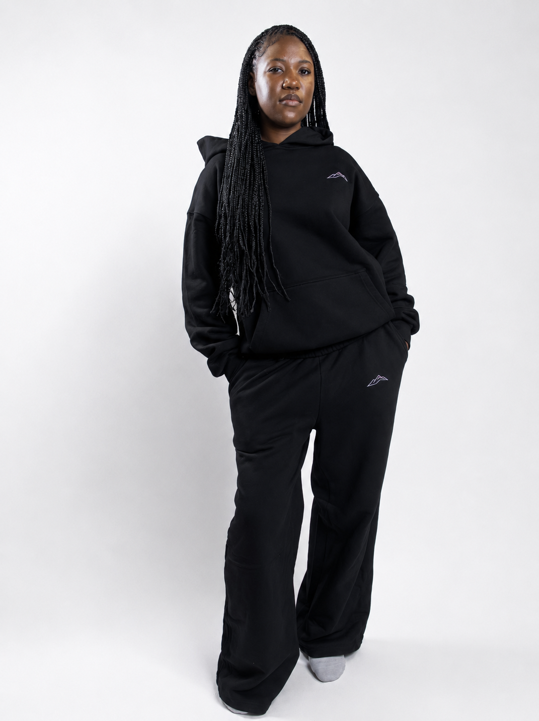 MÒN The Summit Sweatpants in black, full-body relaxed-fit view